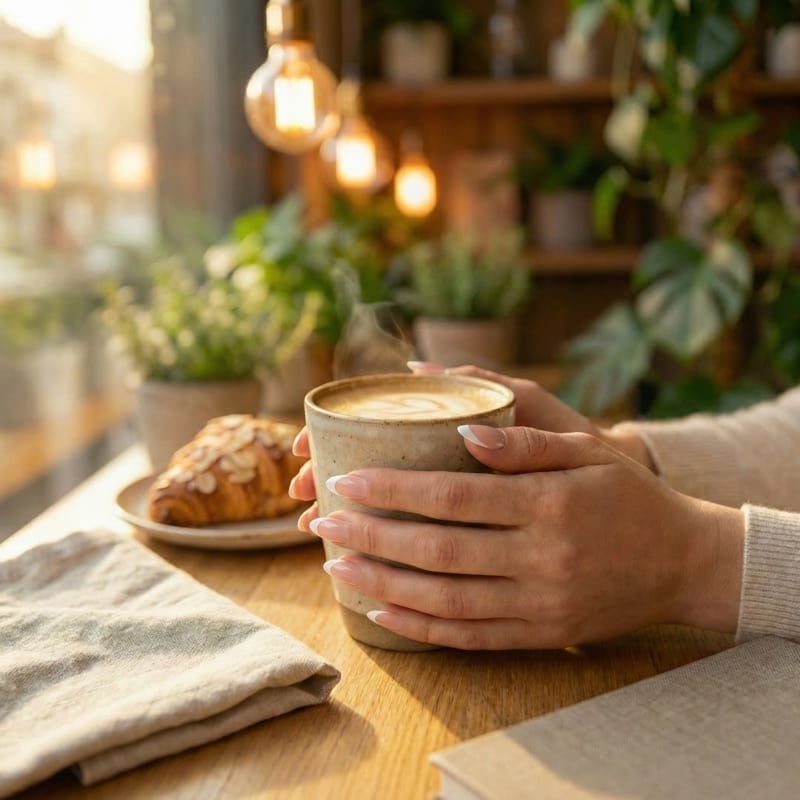 Lifestyle photo of press-on nails holding coffee - listing photo guide